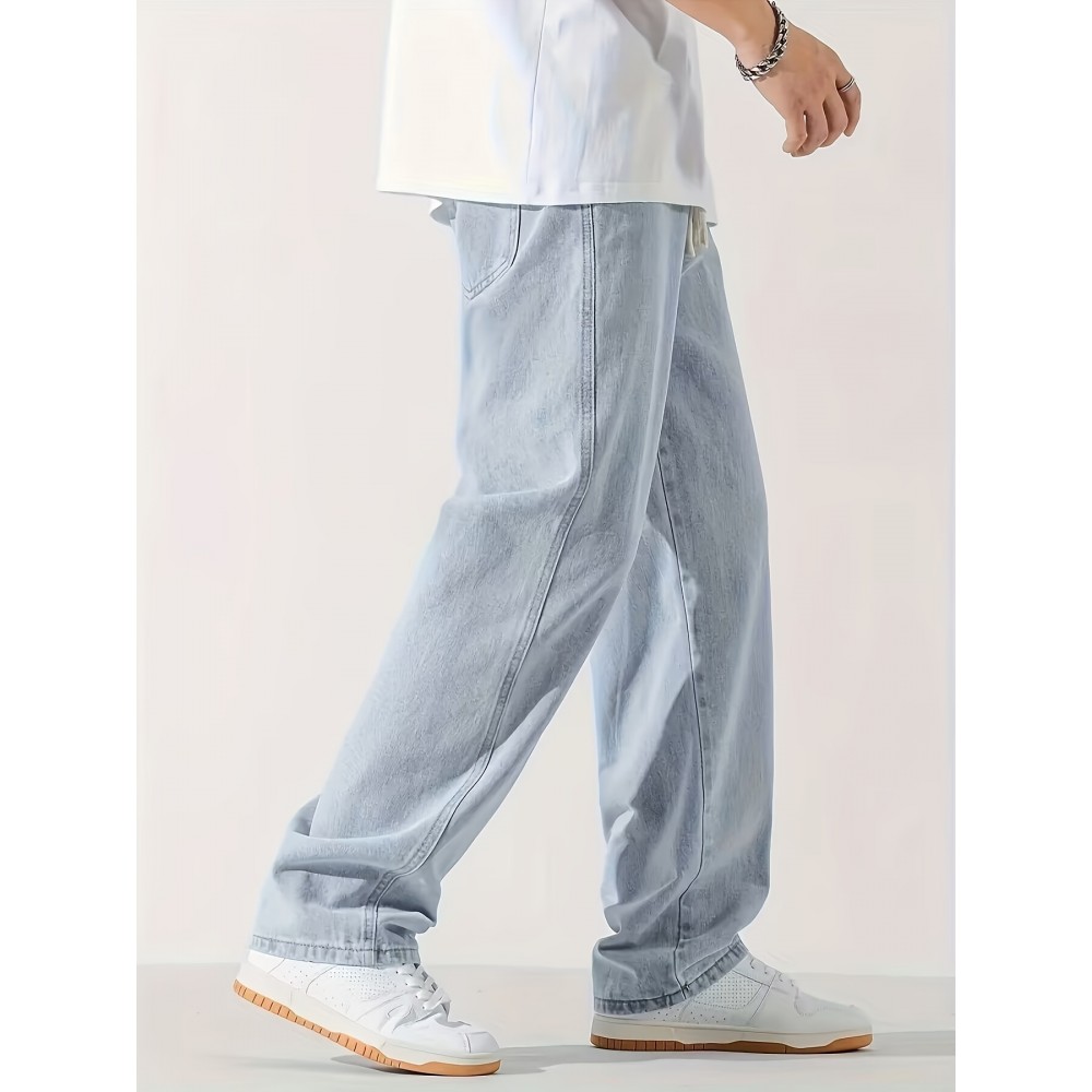 Men's Casual Light Blue Jeans, Loose Straight Trousers, Versatile Drawstring Elastic Waist Band Long Pants Men's Casual Light Blue Jeans, Loose Straight Trousers, Versatile Drawstring Elastic Waist Band Long Pants