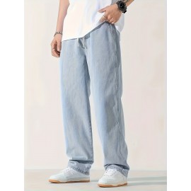 Men's Casual Light Blue Jeans, Loose Straight Trousers, Versatile Drawstring Elastic Waist Band Long Pants Men's Casual Light Blue Jeans, Loose Straight Trousers, Versatile Drawstring Elastic Waist Band Long Pants