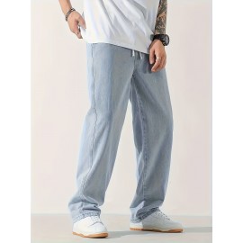 Men's Casual Light Blue Jeans, Loose Straight Trousers, Versatile Drawstring Elastic Waist Band Long Pants Men's Casual Light Blue Jeans, Loose Straight Trousers, Versatile Drawstring Elastic Waist Band Long Pants