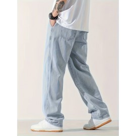 Men's Casual Light Blue Jeans, Loose Straight Trousers, Versatile Drawstring Elastic Waist Band Long Pants Men's Casual Light Blue Jeans, Loose Straight Trousers, Versatile Drawstring Elastic Waist Band Long Pants