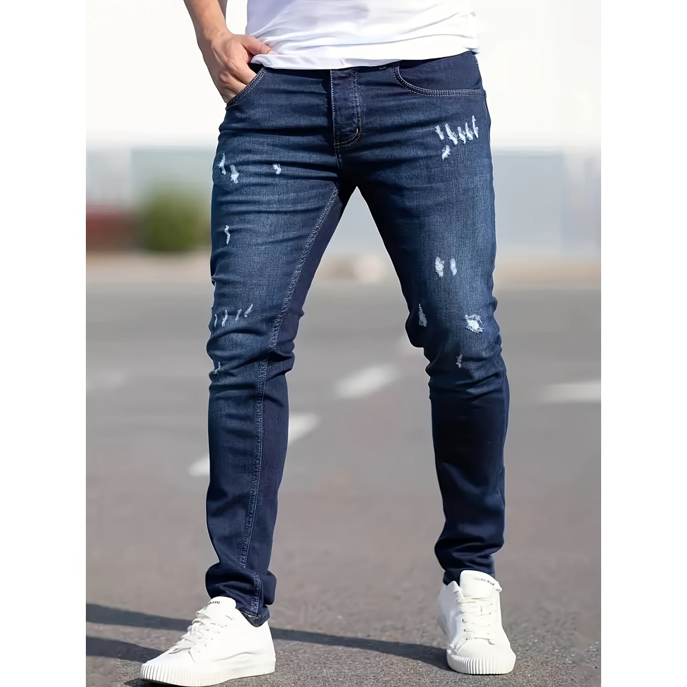 Slim Fit Ripped Jeans, Men's Casual Street Style Distressed Medium Stretch Denim Pants Slim Fit Ripped Jeans, Men's Casual Street Style Distressed Medium Stretch Denim Pants