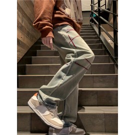 Men's Vintage Denim Jeans, Casual Streetwear Straight Leg Loose Pants For Outdoor Spring Fall