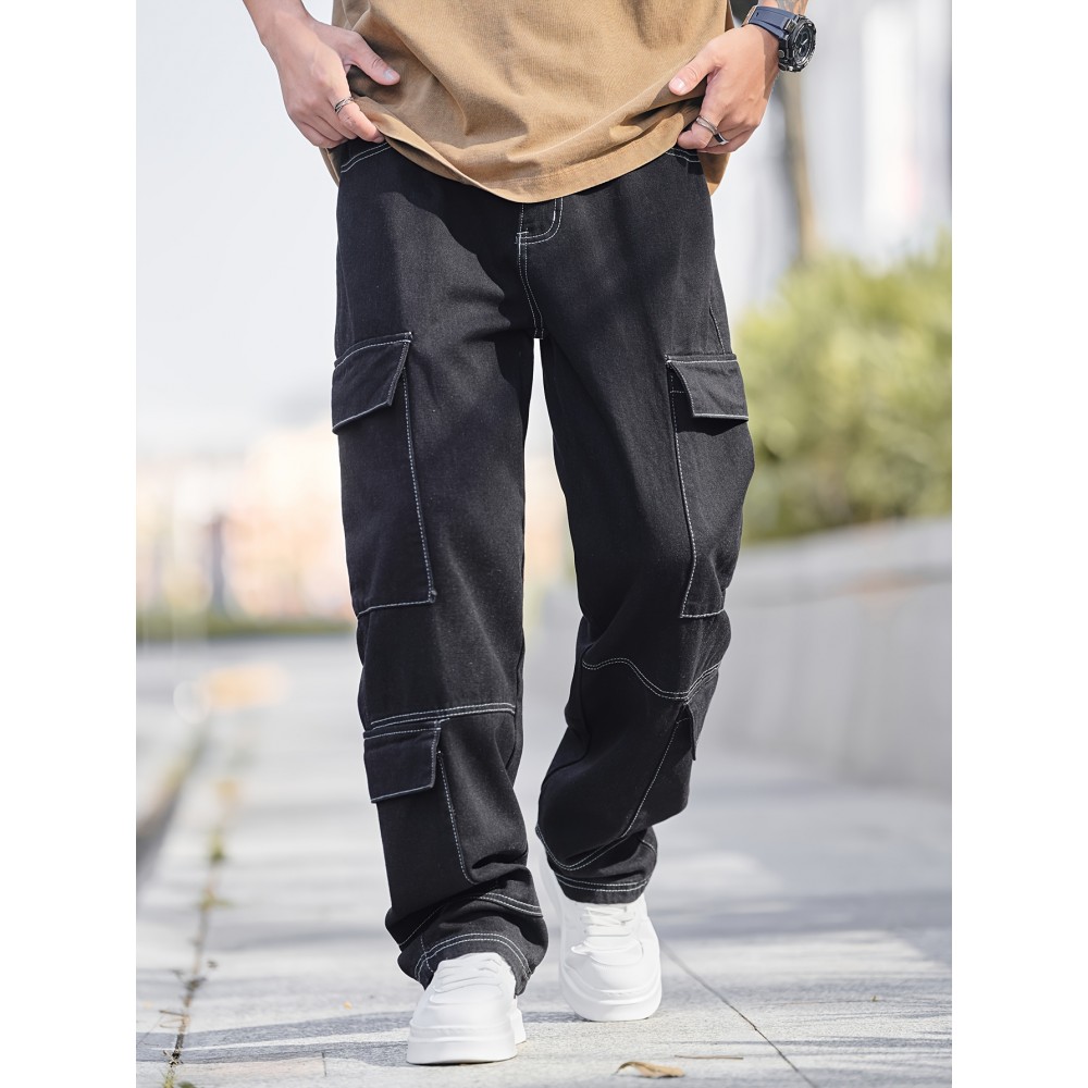 Men'S Street Style Cotton Blend Jeans, Loose Fit Straight Leg Denim Pants, Non-Stretch Solid Color, with Multiple Pockets, for All-Season Trousers Men'S Street Style Cotton Blend Jeans, Loose Fit Straight Leg Denim Pants, Non-Stretch Solid Color, with Multiple Pockets, for All-Season Trousers