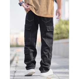 Men'S Street Style Cotton Blend Jeans, Loose Fit Straight Leg Denim Pants, Non-Stretch Solid Color, with Multiple Pockets, for All-Season Trousers Men'S Street Style Cotton Blend Jeans, Loose Fit Straight Leg Denim Pants, Non-Stretch Solid Color, with Multiple Pockets, for All-Season Trousers
