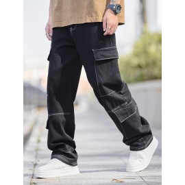 Men'S Street Style Cotton Blend Jeans, Loose Fit Straight Leg Denim Pants, Non-Stretch Solid Color, with Multiple Pockets, for All-Season Trousers Men'S Street Style Cotton Blend Jeans, Loose Fit Straight Leg Denim Pants, Non-Stretch Solid Color, with Multiple Pockets, for All-Season Trousers