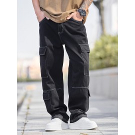 Men'S Street Style Cotton Blend Jeans, Loose Fit Straight Leg Denim Pants, Non-Stretch Solid Color, with Multiple Pockets, for All-Season Trousers Men'S Street Style Cotton Blend Jeans, Loose Fit Straight Leg Denim Pants, Non-Stretch Solid Color, with Multiple Pockets, for All-Season Trousers