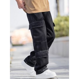 Men'S Street Style Cotton Blend Jeans, Loose Fit Straight Leg Denim Pants, Non-Stretch Solid Color, with Multiple Pockets, for All-Season Trousers Men'S Street Style Cotton Blend Jeans, Loose Fit Straight Leg Denim Pants, Non-Stretch Solid Color, with Multiple Pockets, for All-Season Trousers