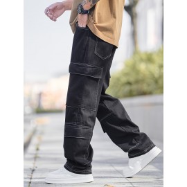 Men'S Street Style Cotton Blend Jeans, Loose Fit Straight Leg Denim Pants, Non-Stretch Solid Color, with Multiple Pockets, for All-Season Trousers Men'S Street Style Cotton Blend Jeans, Loose Fit Straight Leg Denim Pants, Non-Stretch Solid Color, with Multiple Pockets, for All-Season Trousers