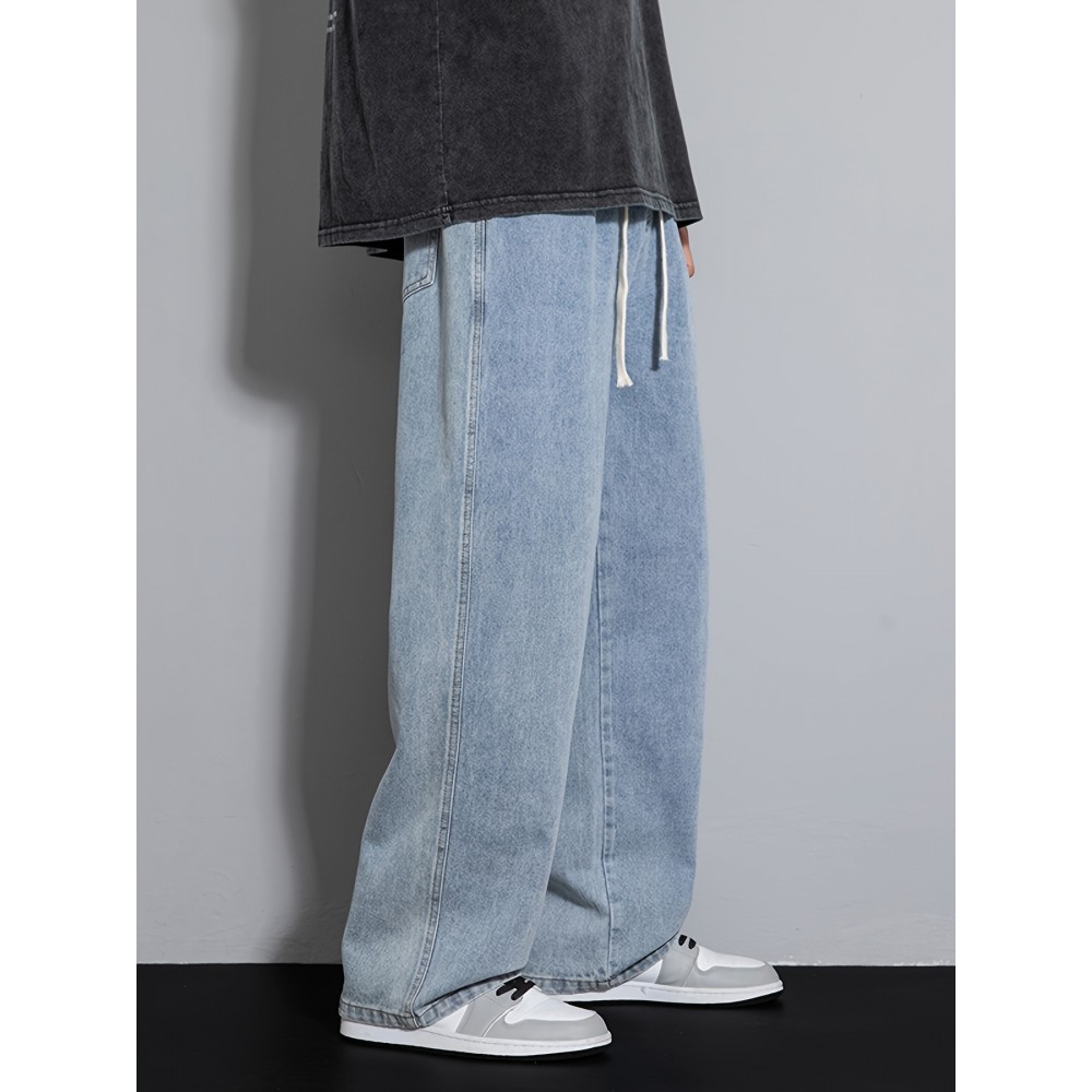 Men's Street Style Wide Leg Denim Jeans, Casual Drawstring Pants, Hip-Hop Loose Fit Jeans Men's Street Style Wide Leg Denim Jeans, Casual Drawstring Pants, Hip-Hop Loose Fit Jeans