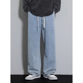 Men's Street Style Wide Leg Denim Jeans, Casual Drawstring Pants, Hip-Hop Loose Fit Jeans Men's Street Style Wide Leg Denim Jeans, Casual Drawstring Pants, Hip-Hop Loose Fit Jeans