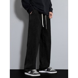 Men's Street Style Wide Leg Denim Jeans, Casual Drawstring Pants, Hip-Hop Loose Fit Jeans Men's Street Style Wide Leg Denim Jeans, Casual Drawstring Pants, Hip-Hop Loose Fit Jeans