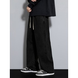 Men's Street Style Wide Leg Denim Jeans, Casual Drawstring Pants, Hip-Hop Loose Fit Jeans Men's Street Style Wide Leg Denim Jeans, Casual Drawstring Pants, Hip-Hop Loose Fit Jeans