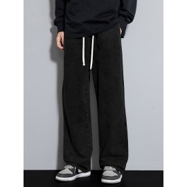 Men's Street Style Wide Leg Denim Jeans, Casual Drawstring Pants, Hip-Hop Loose Fit Jeans Men's Street Style Wide Leg Denim Jeans, Casual Drawstring Pants, Hip-Hop Loose Fit Jeans