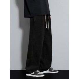 Men's Street Style Wide Leg Denim Jeans, Casual Drawstring Pants, Hip-Hop Loose Fit Jeans Men's Street Style Wide Leg Denim Jeans, Casual Drawstring Pants, Hip-Hop Loose Fit Jeans
