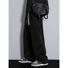 Men's Street Style Wide Leg Denim Jeans, Casual Drawstring Pants, Hip-Hop Loose Fit Jeans Men's Street Style Wide Leg Denim Jeans, Casual Drawstring Pants, Hip-Hop Loose Fit Jeans