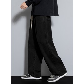Men's Street Style Wide Leg Denim Jeans, Casual Drawstring Pants, Hip-Hop Loose Fit Jeans Men's Street Style Wide Leg Denim Jeans, Casual Drawstring Pants, Hip-Hop Loose Fit Jeans