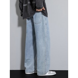 Men's Street Style Wide Leg Denim Jeans, Casual Drawstring Pants, Hip-Hop Loose Fit Jeans Men's Street Style Wide Leg Denim Jeans, Casual Drawstring Pants, Hip-Hop Loose Fit Jeans