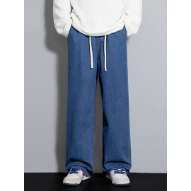 Men's Street Style Wide Leg Denim Jeans, Casual Drawstring Pants, Hip-Hop Loose Fit Jeans Men's Street Style Wide Leg Denim Jeans, Casual Drawstring Pants, Hip-Hop Loose Fit Jeans