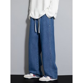 Men's Street Style Wide Leg Denim Jeans, Casual Drawstring Pants, Hip-Hop Loose Fit Jeans Men's Street Style Wide Leg Denim Jeans, Casual Drawstring Pants, Hip-Hop Loose Fit Jeans