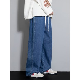 Men's Street Style Wide Leg Denim Jeans, Casual Drawstring Pants, Hip-Hop Loose Fit Jeans Men's Street Style Wide Leg Denim Jeans, Casual Drawstring Pants, Hip-Hop Loose Fit Jeans