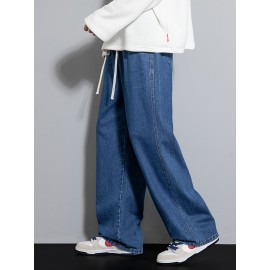 Men's Street Style Wide Leg Denim Jeans, Casual Drawstring Pants, Hip-Hop Loose Fit Jeans Men's Street Style Wide Leg Denim Jeans, Casual Drawstring Pants, Hip-Hop Loose Fit Jeans