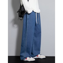Men's Street Style Wide Leg Denim Jeans, Casual Drawstring Pants, Hip-Hop Loose Fit Jeans Men's Street Style Wide Leg Denim Jeans, Casual Drawstring Pants, Hip-Hop Loose Fit Jeans
