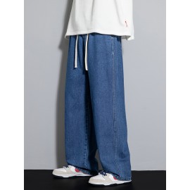 Men's Street Style Wide Leg Denim Jeans, Casual Drawstring Pants, Hip-Hop Loose Fit Jeans Men's Street Style Wide Leg Denim Jeans, Casual Drawstring Pants, Hip-Hop Loose Fit Jeans