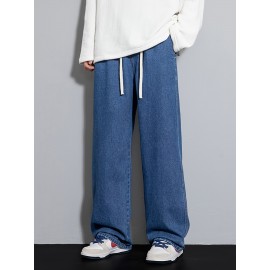 Men's Street Style Wide Leg Denim Jeans, Casual Drawstring Pants, Hip-Hop Loose Fit Jeans Men's Street Style Wide Leg Denim Jeans, Casual Drawstring Pants, Hip-Hop Loose Fit Jeans