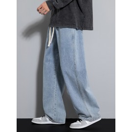 Men's Street Style Wide Leg Denim Jeans, Casual Drawstring Pants, Hip-Hop Loose Fit Jeans Men's Street Style Wide Leg Denim Jeans, Casual Drawstring Pants, Hip-Hop Loose Fit Jeans
