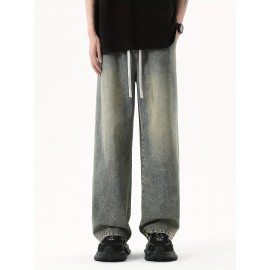 Men's Street Style Wide Leg Denim Jeans, Casual Drawstring Pants, Hip-Hop Loose Fit Jeans Men's Street Style Wide Leg Denim Jeans, Casual Drawstring Pants, Hip-Hop Loose Fit Jeans