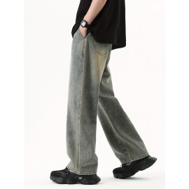 Men's Street Style Wide Leg Denim Jeans, Casual Drawstring Pants, Hip-Hop Loose Fit Jeans Men's Street Style Wide Leg Denim Jeans, Casual Drawstring Pants, Hip-Hop Loose Fit Jeans