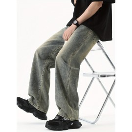 Men's Street Style Wide Leg Denim Jeans, Casual Drawstring Pants, Hip-Hop Loose Fit Jeans Men's Street Style Wide Leg Denim Jeans, Casual Drawstring Pants, Hip-Hop Loose Fit Jeans