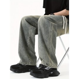 Men's Street Style Wide Leg Denim Jeans, Casual Drawstring Pants, Hip-Hop Loose Fit Jeans Men's Street Style Wide Leg Denim Jeans, Casual Drawstring Pants, Hip-Hop Loose Fit Jeans