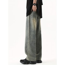 Men's Street Style Wide Leg Denim Jeans, Casual Drawstring Pants, Hip-Hop Loose Fit Jeans Men's Street Style Wide Leg Denim Jeans, Casual Drawstring Pants, Hip-Hop Loose Fit Jeans