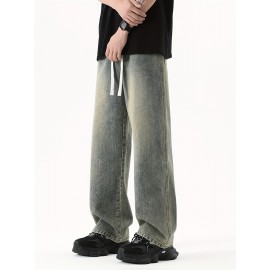 Men's Street Style Wide Leg Denim Jeans, Casual Drawstring Pants, Hip-Hop Loose Fit Jeans Men's Street Style Wide Leg Denim Jeans, Casual Drawstring Pants, Hip-Hop Loose Fit Jeans