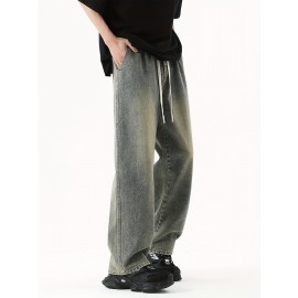 Men's Street Style Wide Leg Denim Jeans, Casual Drawstring Pants, Hip-Hop Loose Fit Jeans Men's Street Style Wide Leg Denim Jeans, Casual Drawstring Pants, Hip-Hop Loose Fit Jeans