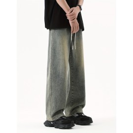 Men's Street Style Wide Leg Denim Jeans, Casual Drawstring Pants, Hip-Hop Loose Fit Jeans Men's Street Style Wide Leg Denim Jeans, Casual Drawstring Pants, Hip-Hop Loose Fit Jeans