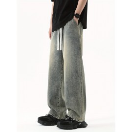 Men's Street Style Wide Leg Denim Jeans, Casual Drawstring Pants, Hip-Hop Loose Fit Jeans Men's Street Style Wide Leg Denim Jeans, Casual Drawstring Pants, Hip-Hop Loose Fit Jeans
