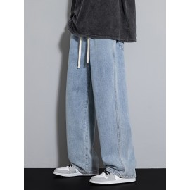 Men's Street Style Wide Leg Denim Jeans, Casual Drawstring Pants, Hip-Hop Loose Fit Jeans Men's Street Style Wide Leg Denim Jeans, Casual Drawstring Pants, Hip-Hop Loose Fit Jeans