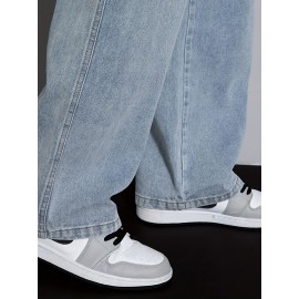 Men's Street Style Wide Leg Denim Jeans, Casual Drawstring Pants, Hip-Hop Loose Fit Jeans Men's Street Style Wide Leg Denim Jeans, Casual Drawstring Pants, Hip-Hop Loose Fit Jeans