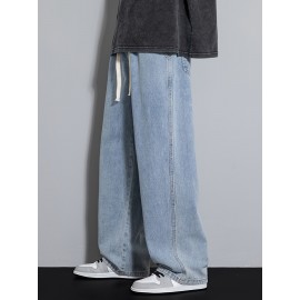 Men's Street Style Wide Leg Denim Jeans, Casual Drawstring Pants, Hip-Hop Loose Fit Jeans Men's Street Style Wide Leg Denim Jeans, Casual Drawstring Pants, Hip-Hop Loose Fit Jeans