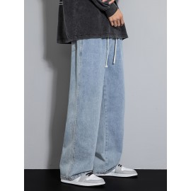 Men's Street Style Wide Leg Denim Jeans, Casual Drawstring Pants, Hip-Hop Loose Fit Jeans Men's Street Style Wide Leg Denim Jeans, Casual Drawstring Pants, Hip-Hop Loose Fit Jeans