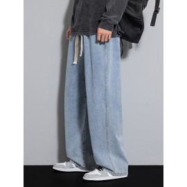Men's Street Style Wide Leg Denim Jeans, Casual Drawstring Pants, Hip-Hop Loose Fit Jeans Men's Street Style Wide Leg Denim Jeans, Casual Drawstring Pants, Hip-Hop Loose Fit Jeans