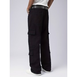 Men's Trendy Hip-Hop Style Loose Fit Cargo Jeans with Multiple Pockets - 100% Cotton, Machine Washable Men's Trendy Hip-Hop Style Loose Fit Cargo Jeans with Multiple Pockets - 100% Cotton, Machine Washable
