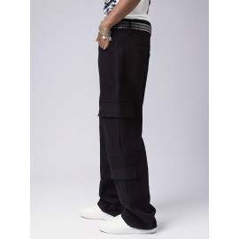 Men's Trendy Hip-Hop Style Loose Fit Cargo Jeans with Multiple Pockets - 100% Cotton, Machine Washable Men's Trendy Hip-Hop Style Loose Fit Cargo Jeans with Multiple Pockets - 100% Cotton, Machine Washable