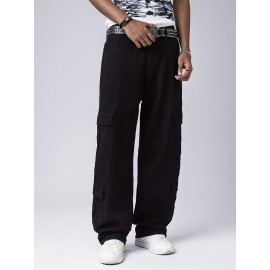 Men's Trendy Hip-Hop Style Loose Fit Cargo Jeans with Multiple Pockets - 100% Cotton, Machine Washable Men's Trendy Hip-Hop Style Loose Fit Cargo Jeans with Multiple Pockets - 100% Cotton, Machine Washable
