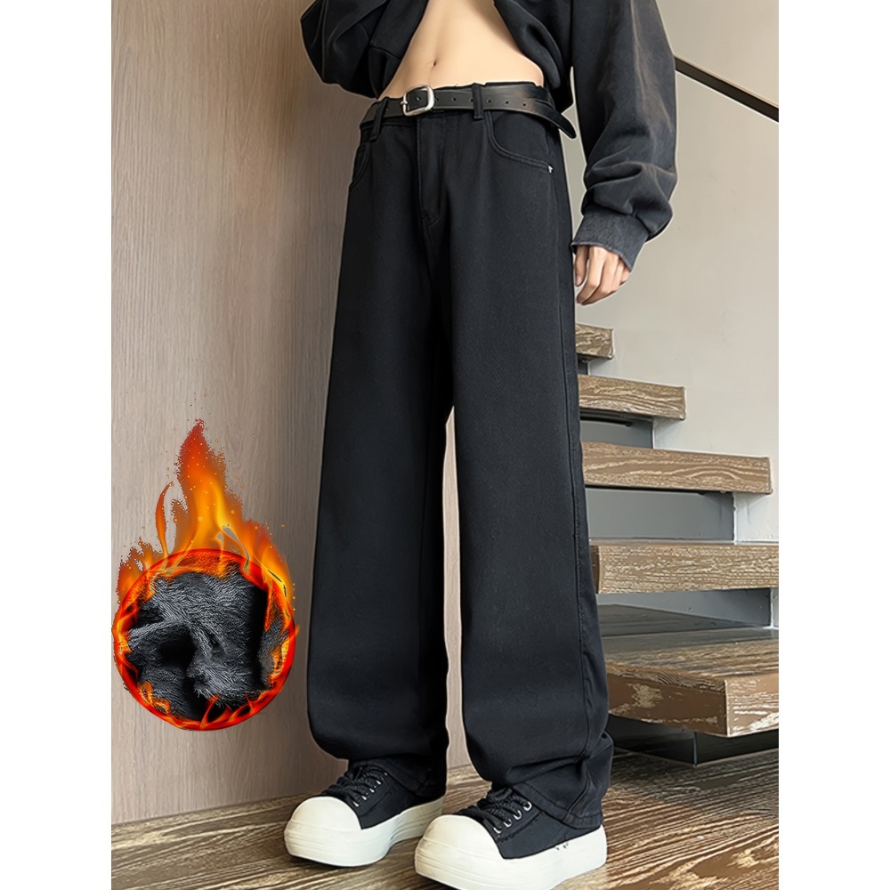 Men's Vintage-Inspired Fleece-Lined Jeans - Casual Straight Leg Denim for Fall/Winter, Machine Washable Men's Vintage-Inspired Fleece-Lined Jeans - Casual Straight Leg Denim for Fall/Winter, Machine Washable