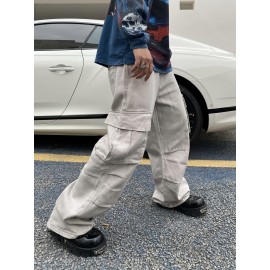1pc Vintage-Inspired Street Style Loose-Fit Cargo Jeans for Adults, Solid Color Cotton Fabric, Non-Stretch, Multiple Pockets, Regular Length, All-Season Woven Trousers 1pc Vintage-Inspired Street Style Loose-Fit Cargo Jeans for Adults, Solid Color Cotton Fabric, Non-Stretch, Multiple Pockets, Regular Length, All-Season Woven Trousers