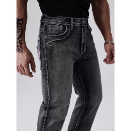 ESDVQ Men's Vintage-Inspired Embroidered Stretch Jeans - Slim Fit, Cotton Blend Denim with Pockets ESDVQ Men's Vintage-Inspired Embroidered Stretch Jeans - Slim Fit, Cotton Blend Denim with Pockets