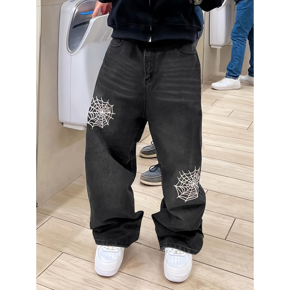 Men's Vintage Style Washed Denim Jeans with Embroidered Spider Web Design – Relaxed Fit, All-Season Casual Wear Men's Vintage Style Washed Denim Jeans with Embroidered Spider Web Design – Relaxed Fit, All-Season Casual Wear